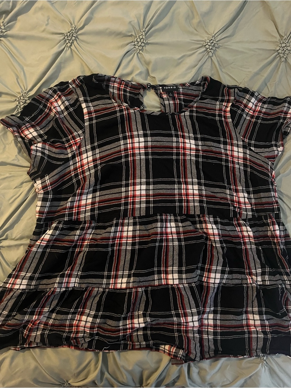 torrid Black Plaid Short Sleeve Peplum Top with Red and White Accents